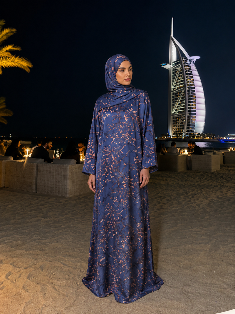 Floral Print Kaftan Abaya – Blue