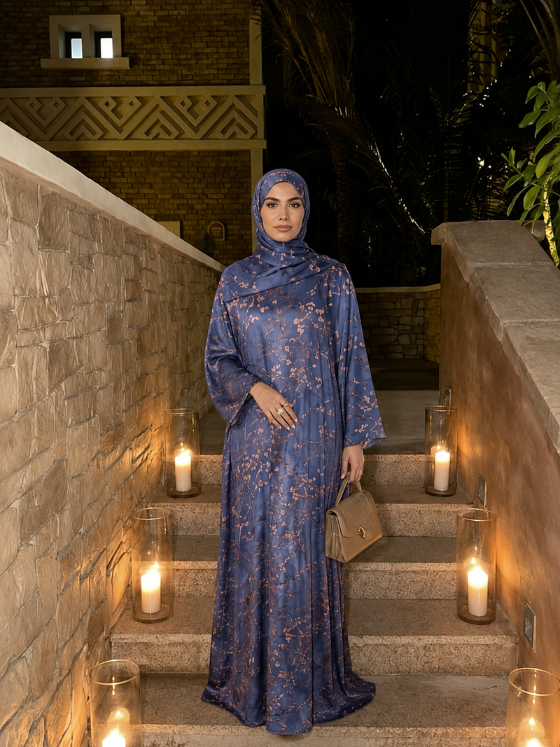 Floral Print Kaftan Abaya – Blue