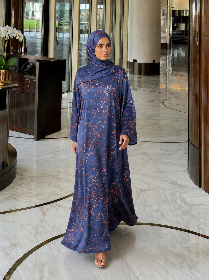 Floral Print Kaftan Abaya – Blue