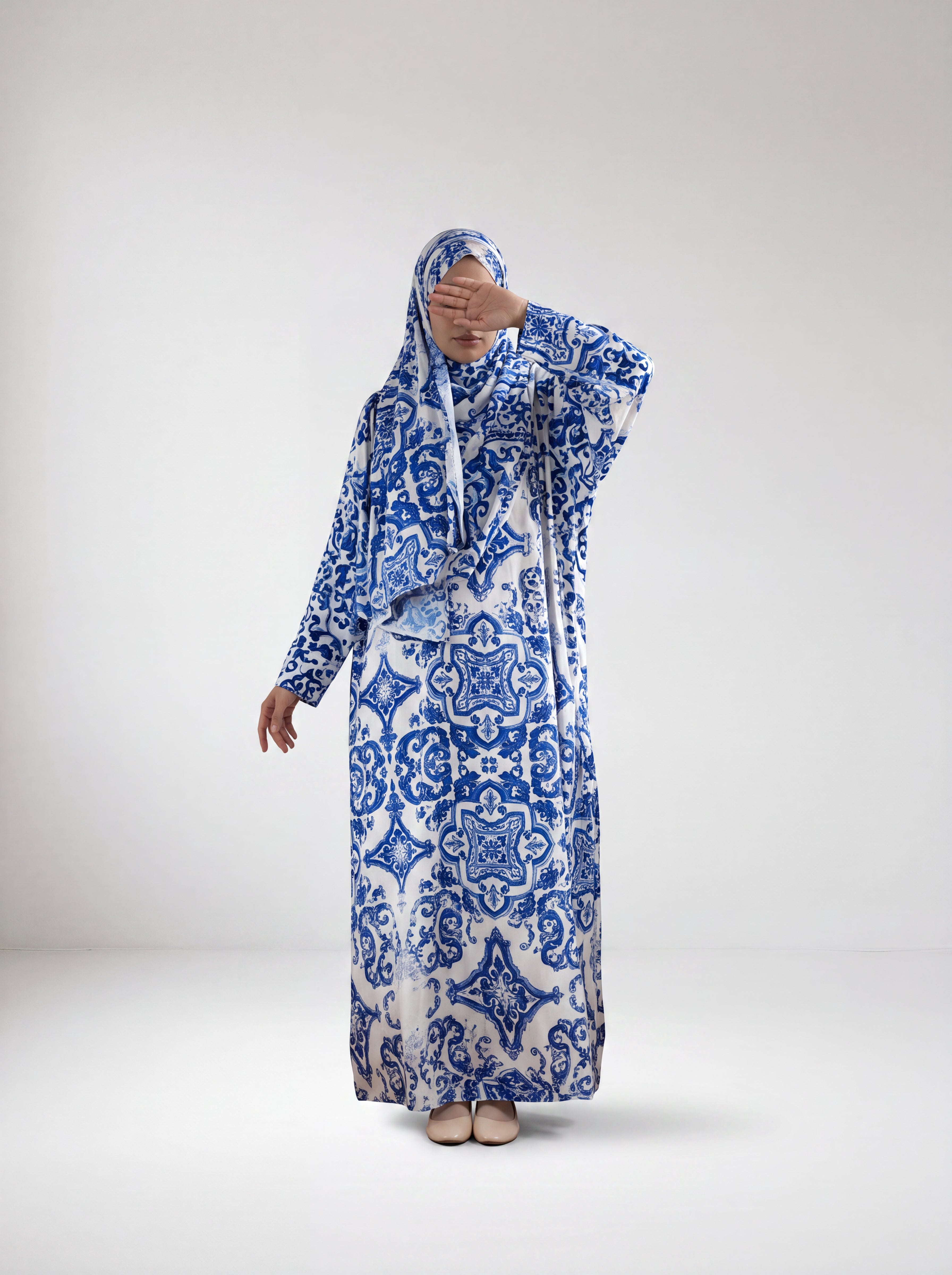 Kaftan Abaya Takım - Mozaik Desenli - Kraliyet Mavisi