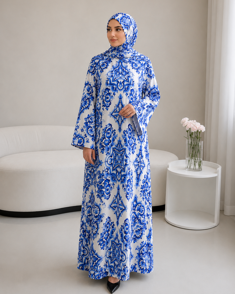 Kaftan Abaya Takım - Mozaik Desenli - Kraliyet Mavisi