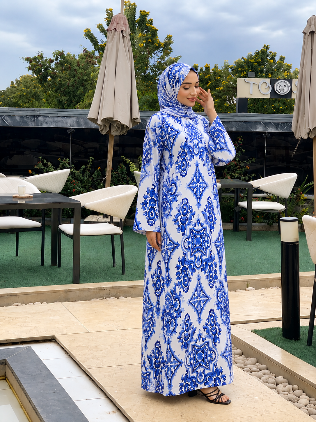 Kaftan Abaya Takım - Mozaik Desenli - Kraliyet Mavisi