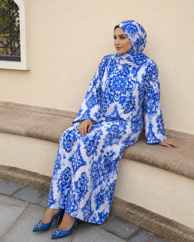 Kaftan Abaya Takım - Mozaik Desenli - Kraliyet Mavisi