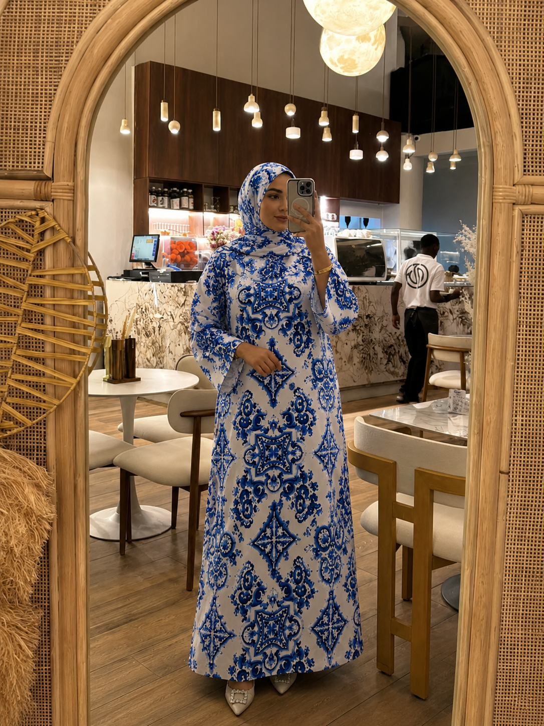 Kaftan Abaya Takım - Mozaik Desenli - Kraliyet Mavisi