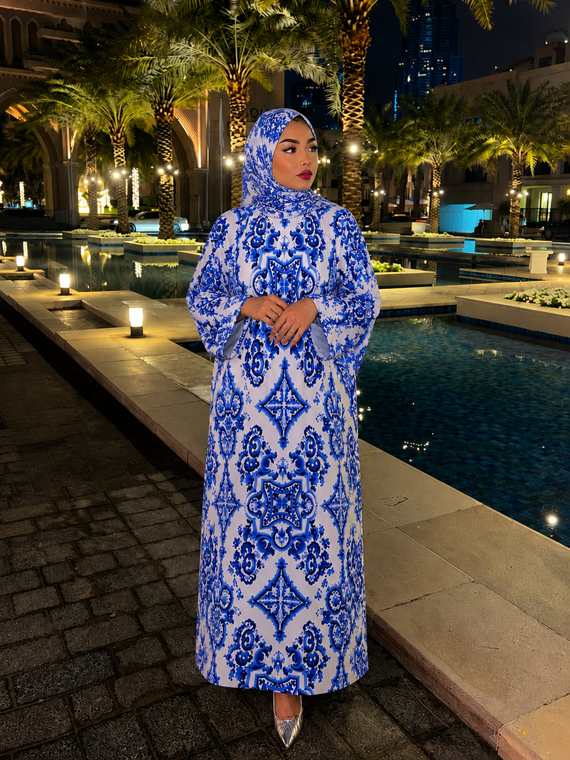 Kaftan Abaya Takım - Mozaik Desenli - Kraliyet Mavisi