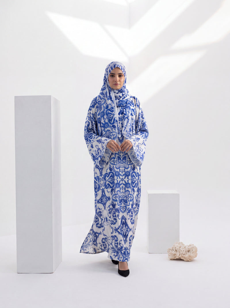 Kaftan Abaya Takım - Mozaik Desenli - Kraliyet Mavisi