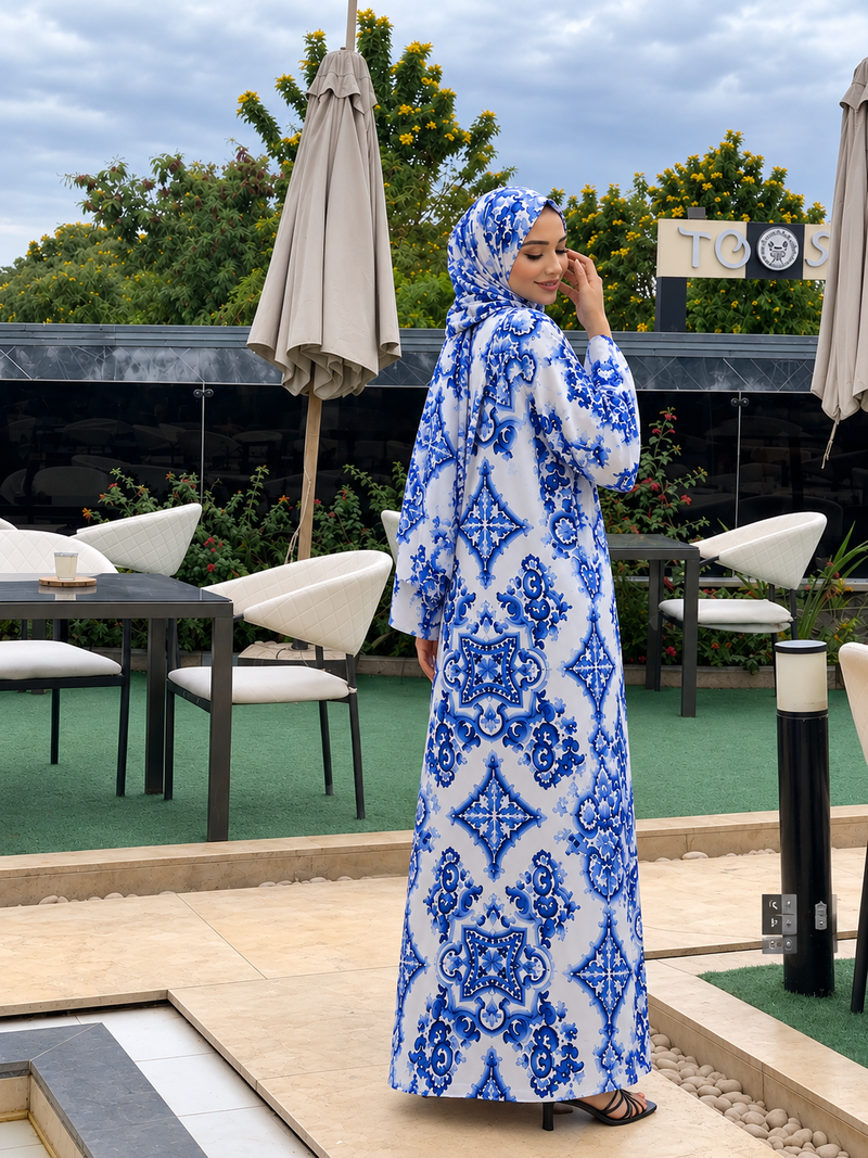 Kaftan Abaya Takım - Mozaik Desenli - Kraliyet Mavisi