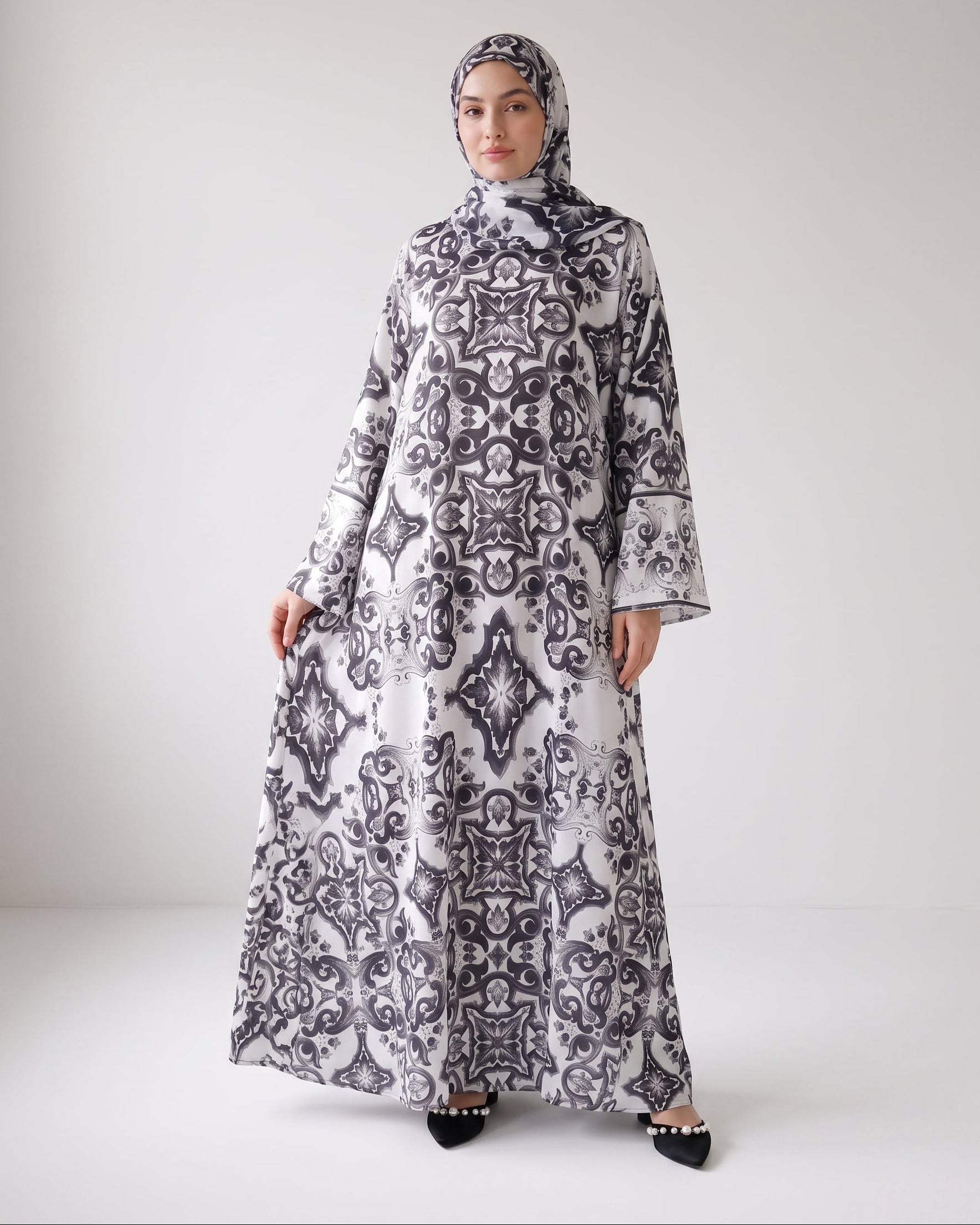 Kaftan Abaya Takım - Mozaik Desenli - Siyah Beyaz