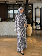 Kaftan Abaya Takım - Mozaik Desenli - Siyah Beyaz