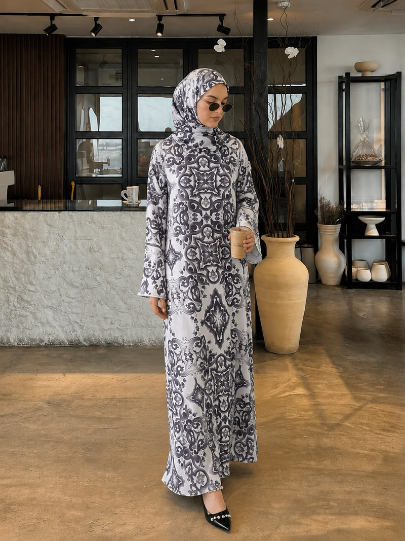 Kaftan Abaya Takım - Mozaik Desenli - Siyah Beyaz