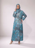 Kaftan Abaya Takım - Çicek Desenli - Gök Mavisi