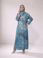 Kaftan Abaya Takım - Çicek Desenli - Gök Mavisi
