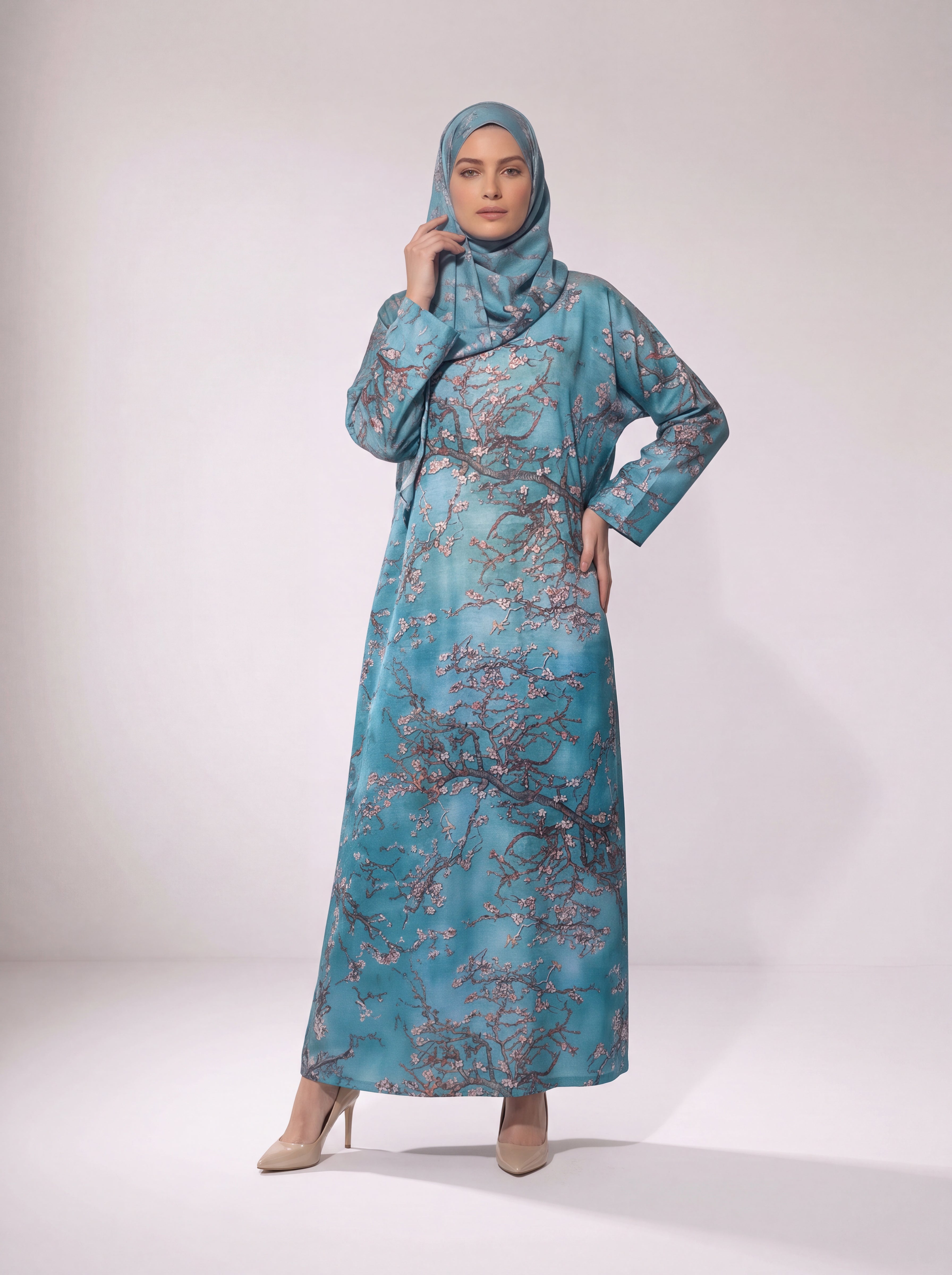 Kaftan Abaya Takım - Çicek Desenli - Gök Mavisi