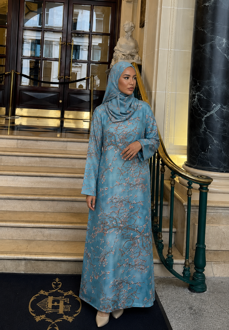 Kaftan Abaya Takım - Çicek Desenli - Gök Mavisi