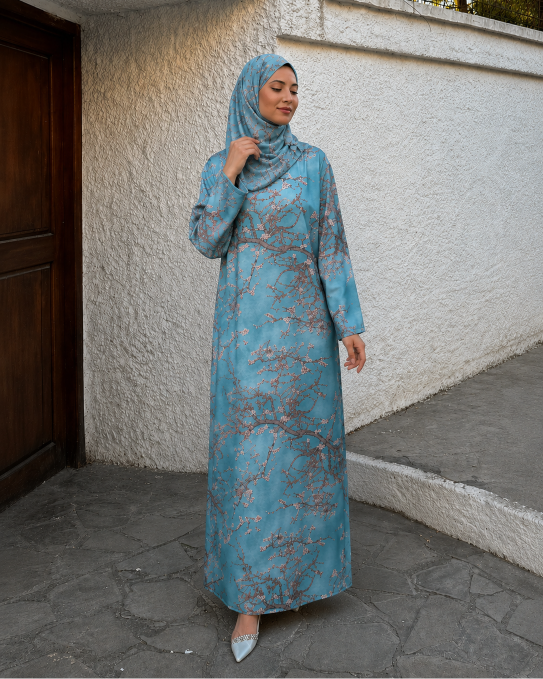 Kaftan Abaya Takım - Çicek Desenli - Gök Mavisi