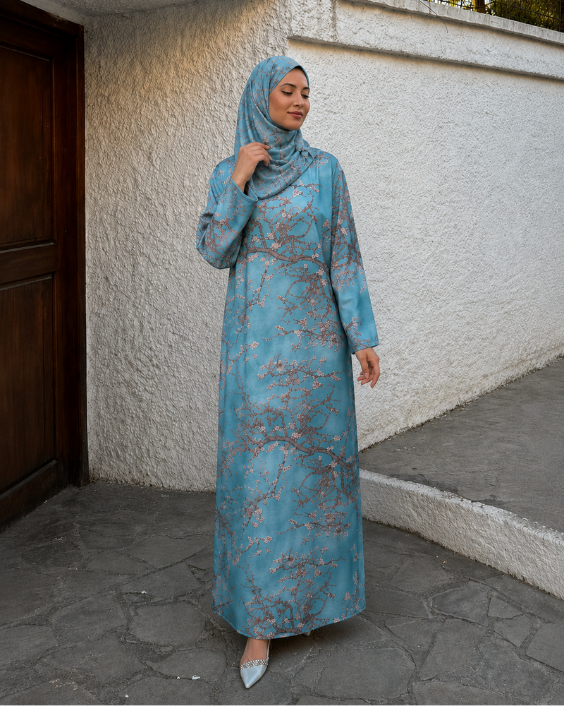 Kaftan Abaya Takım - Çicek Desenli - Gök Mavisi