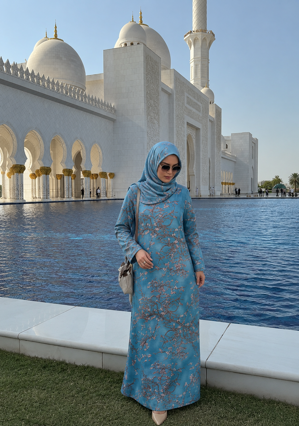 Kaftan Abaya Takım - Çicek Desenli - Gök Mavisi