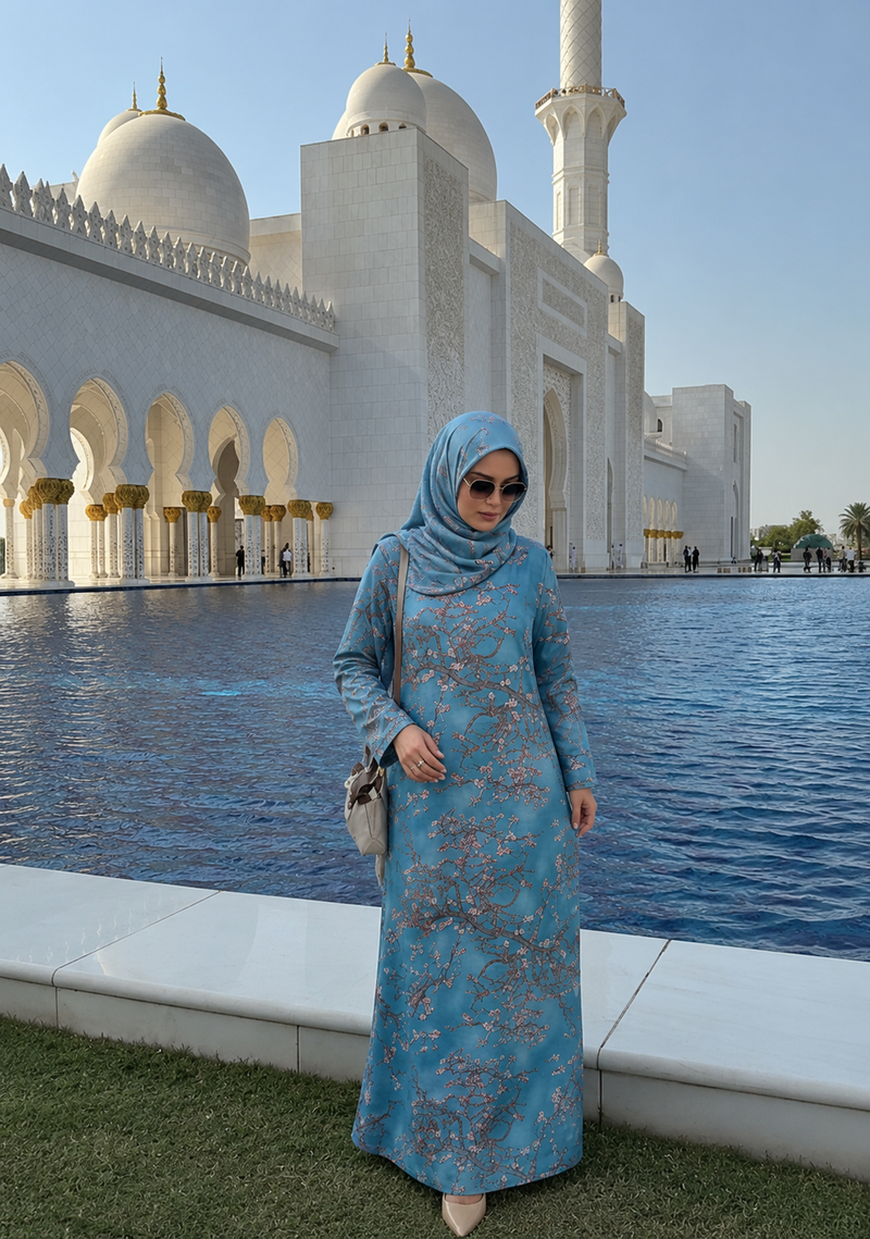 Kaftan Abaya Takım - Çicek Desenli - Gök Mavisi
