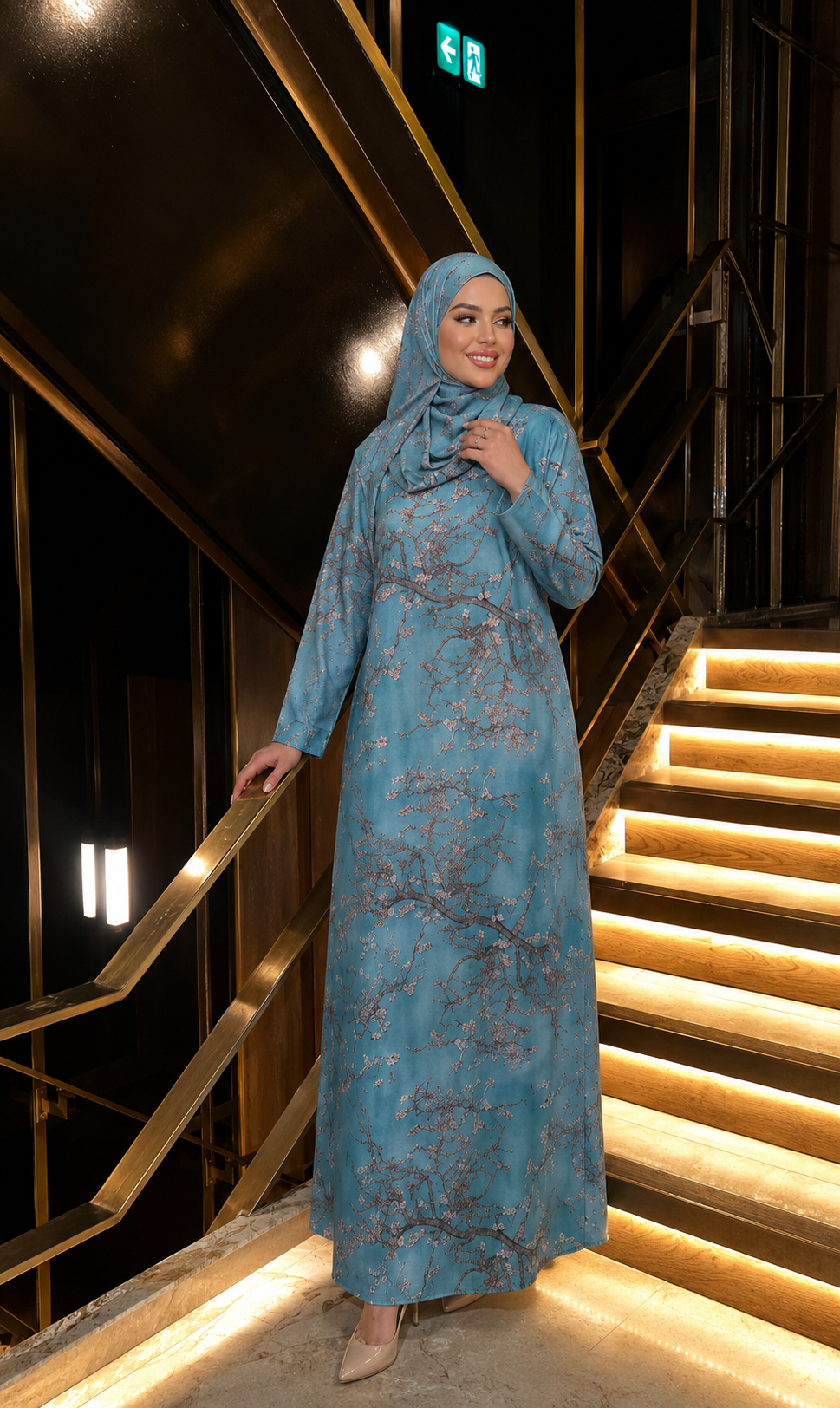 Kaftan Abaya Takım - Çicek Desenli - Gök Mavisi