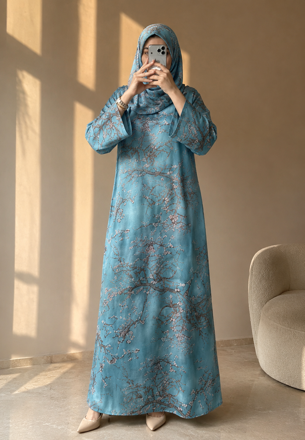 Kaftan Abaya Takım - Çicek Desenli - Gök Mavisi
