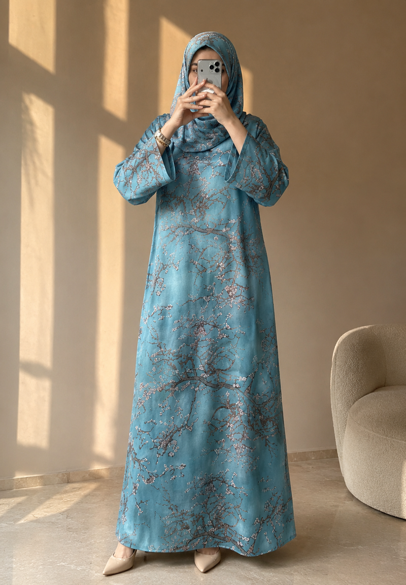 Kaftan Abaya Takım - Çicek Desenli - Gök Mavisi