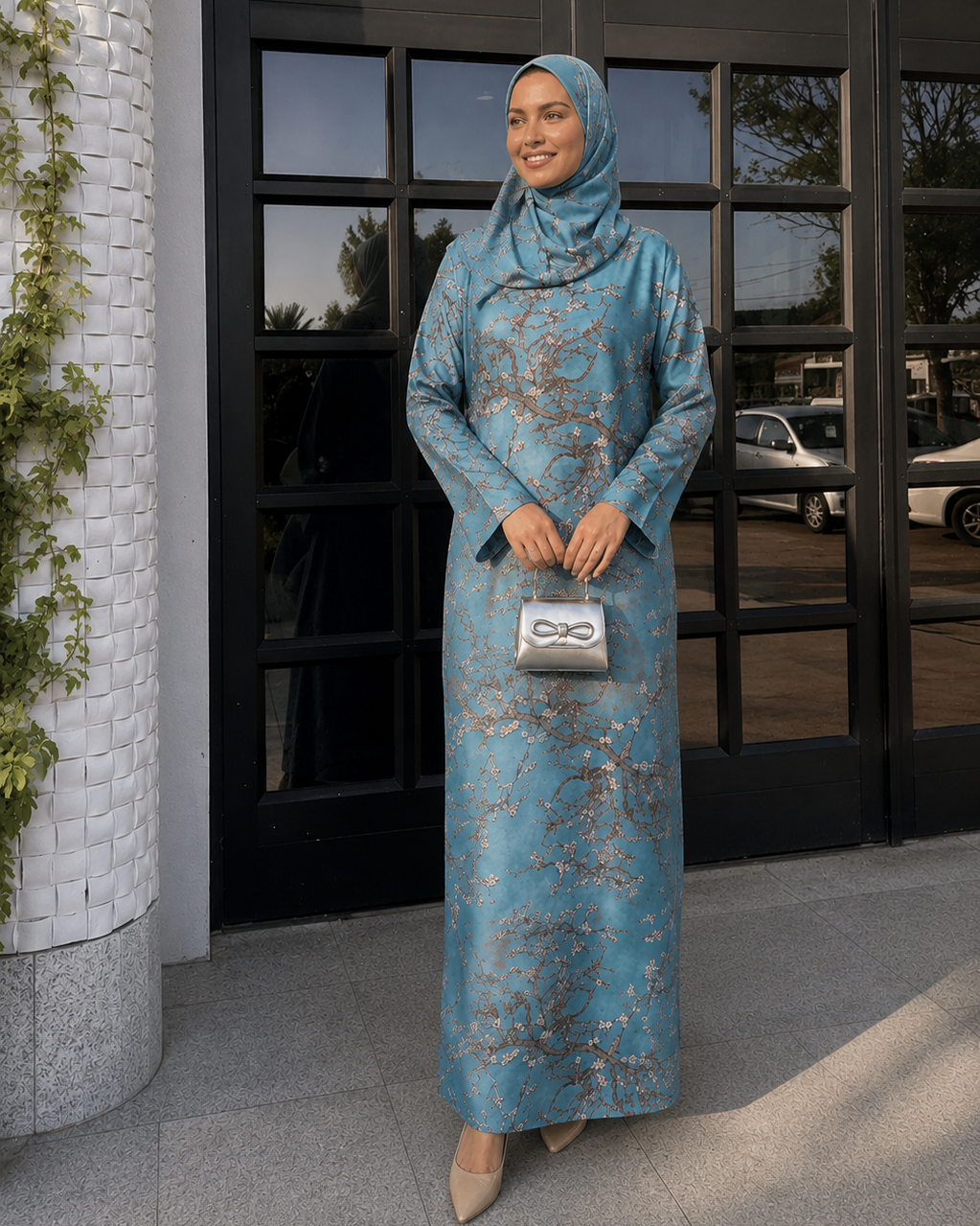 Kaftan Abaya Takım - Çicek Desenli - Gök Mavisi