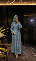 Kaftan Abaya Takım - Çicek Desenli - Gök Mavisi