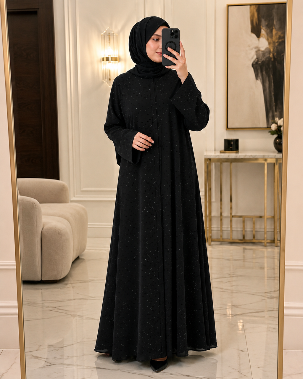 Taş İşlemeli Abaya - Siyah