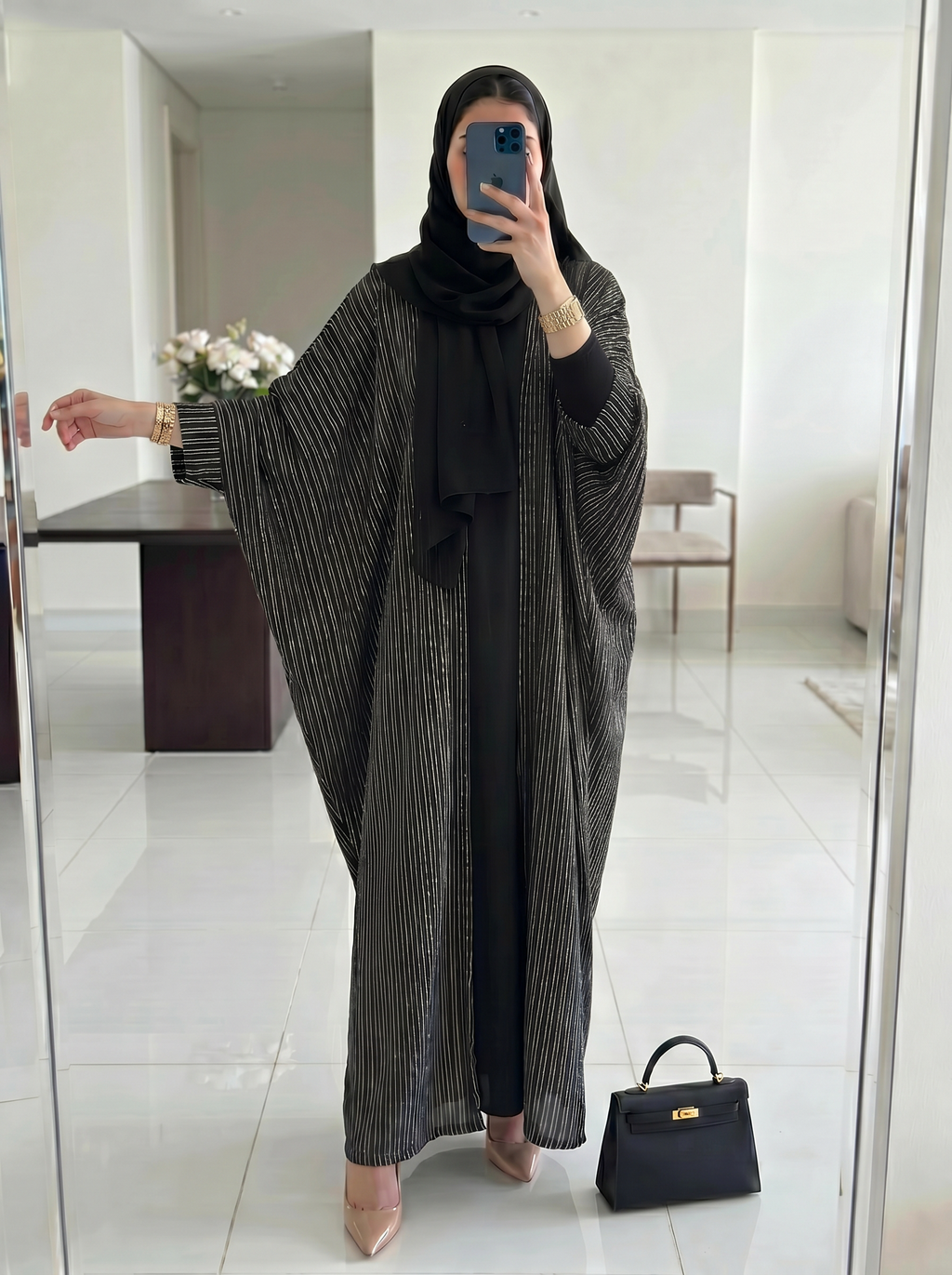 Simli Yarasa Kol Abaya ve Şal Takım