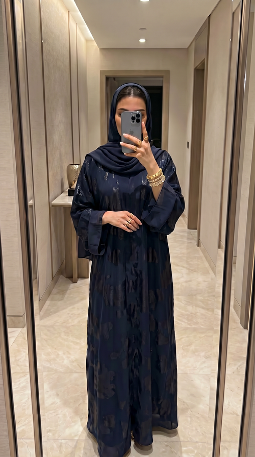 Baskılı Simli Abaya Takım