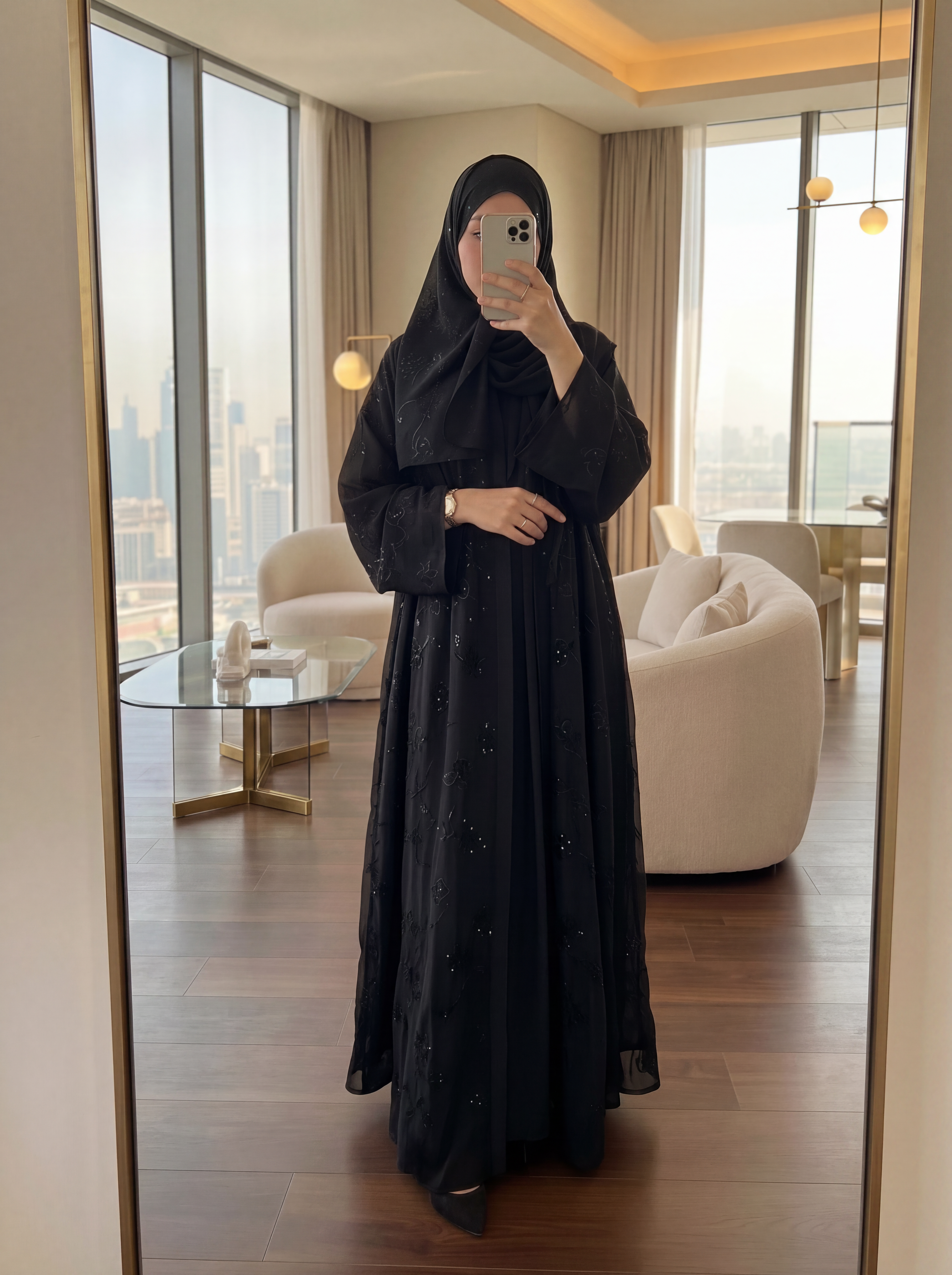 İşlemeli Siyah Abaya Takım