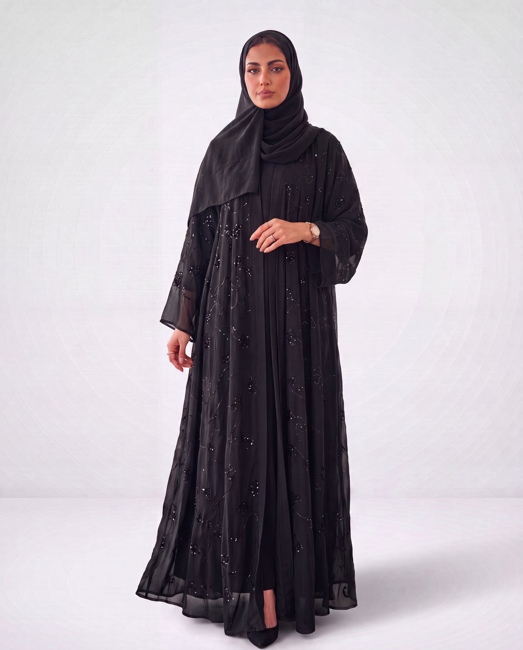 İşlemeli Siyah Abaya Takım