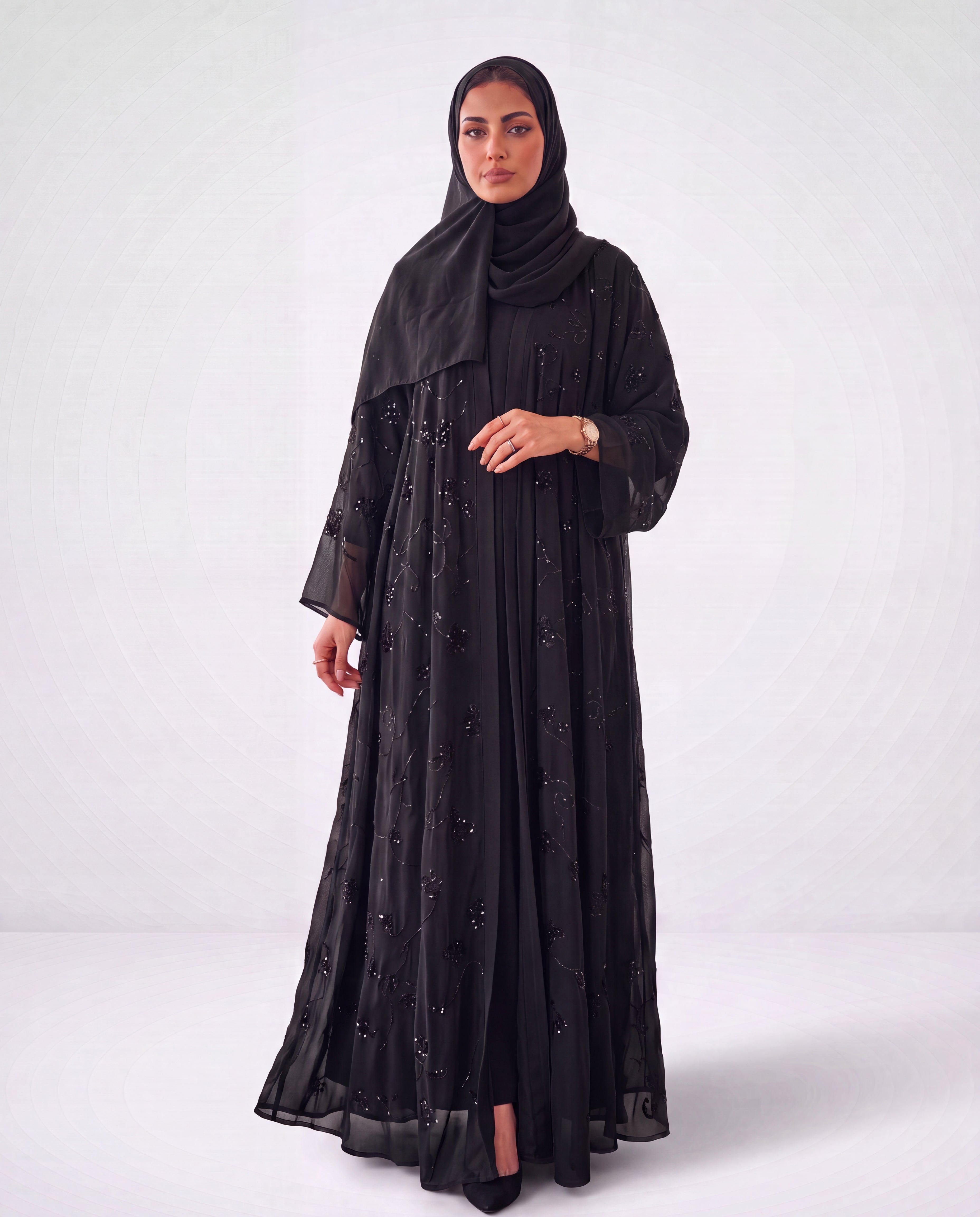 İşlemeli Siyah Abaya Takım