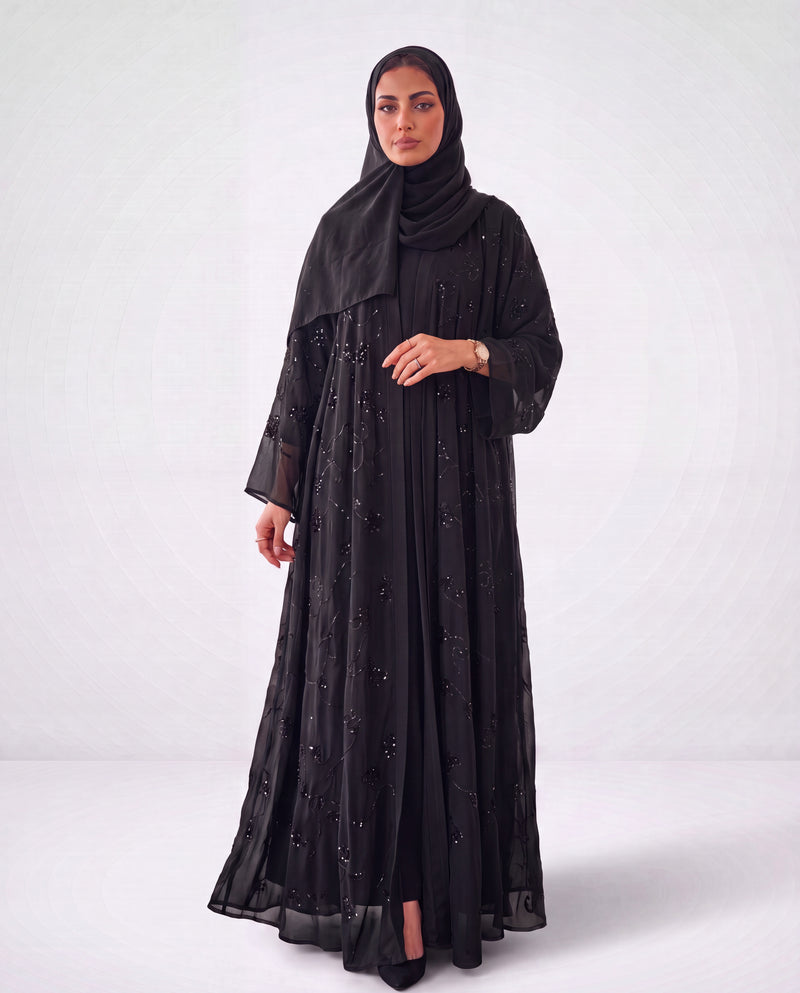 İşlemeli Siyah Abaya Takım