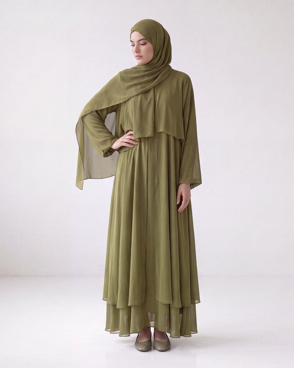 Çift Katlı Abaya - Yağ Yeşili