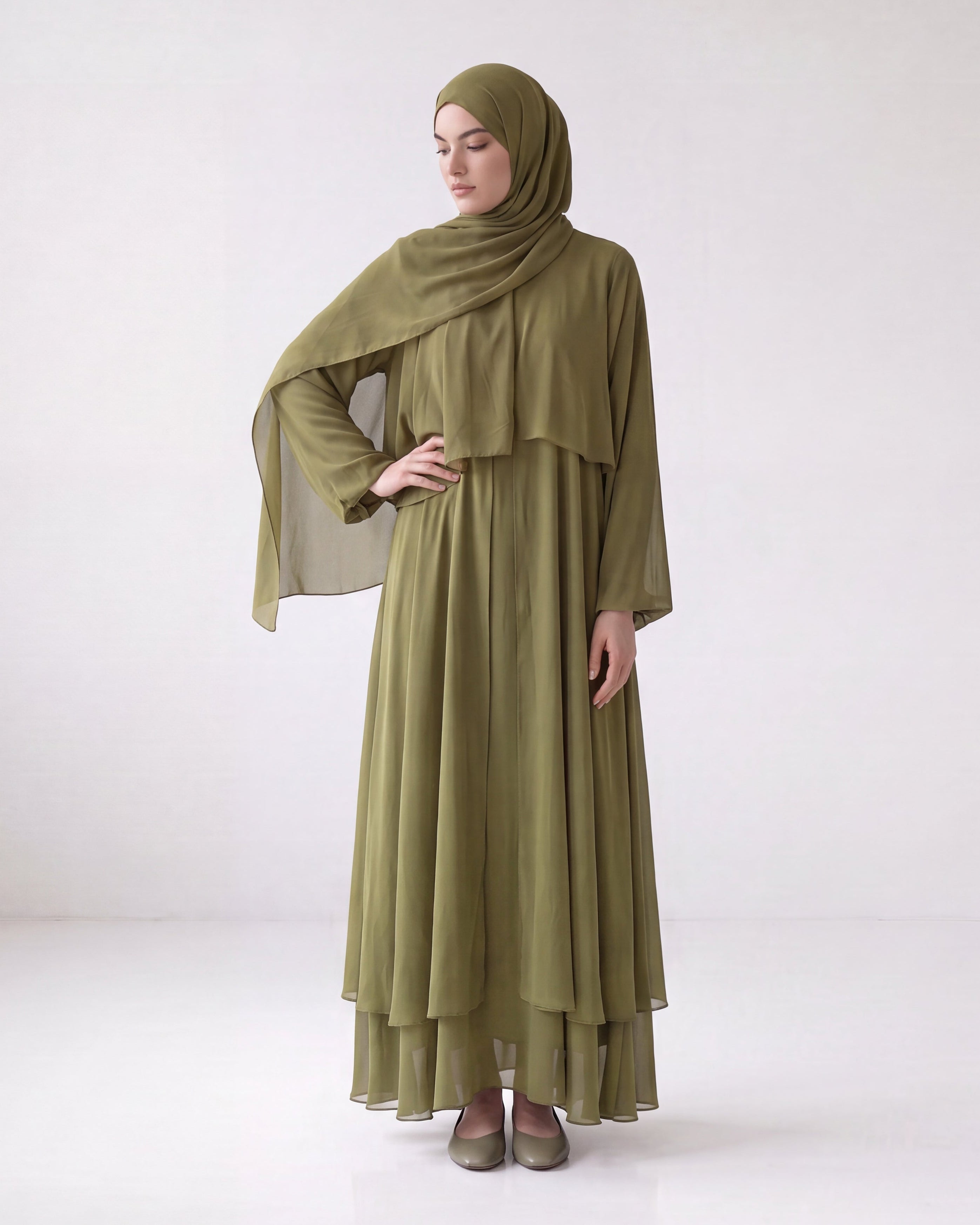 Çift Katlı Abaya - Yağ Yeşili