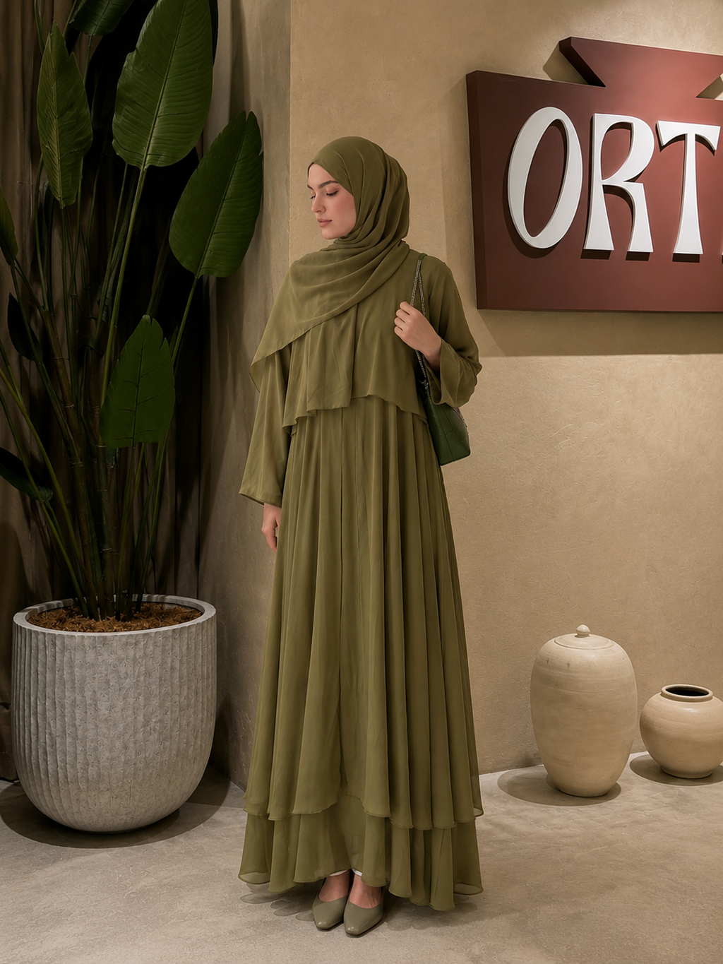 Çift Katlı Abaya - Yağ Yeşili