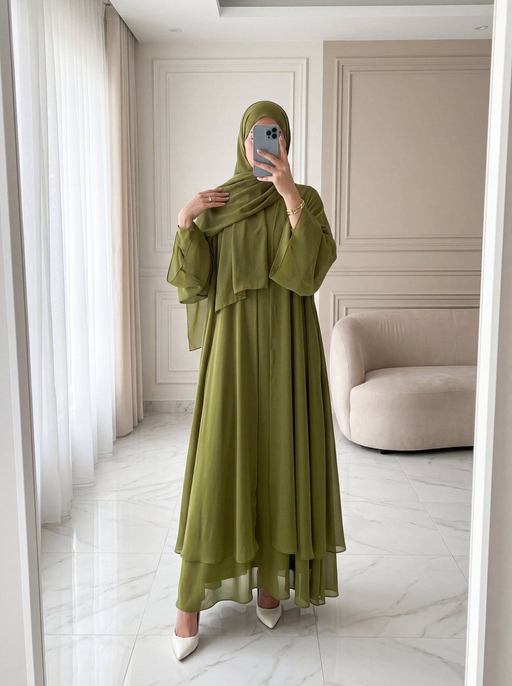 Çift Katlı Abaya - Yağ Yeşili