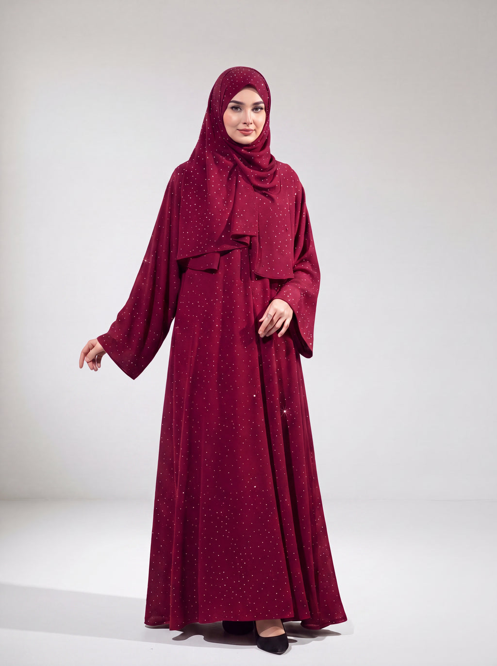 Taş İşlemeli Abaya - Kırmızı