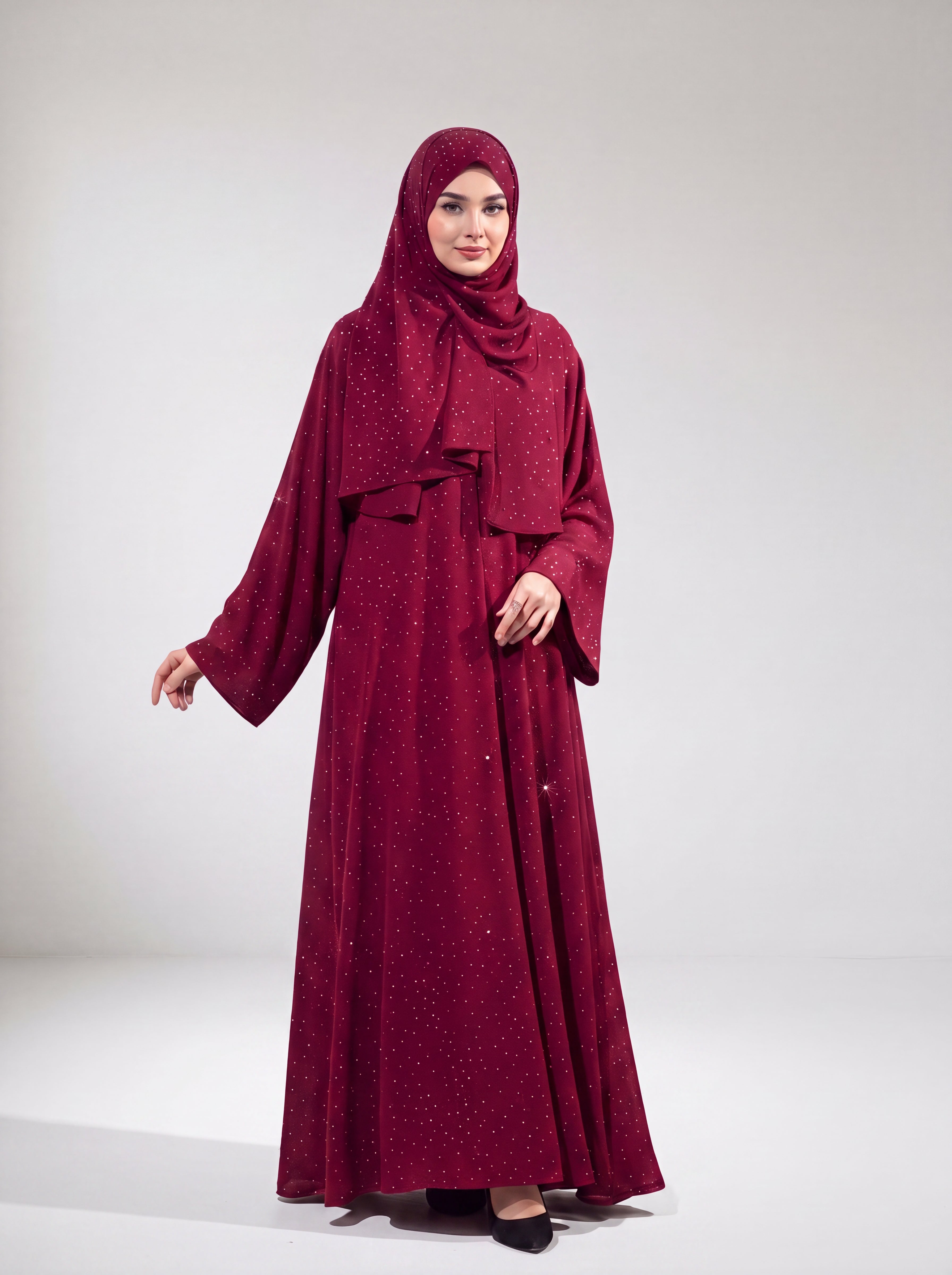 Taş İşlemeli Abaya - Kırmızı