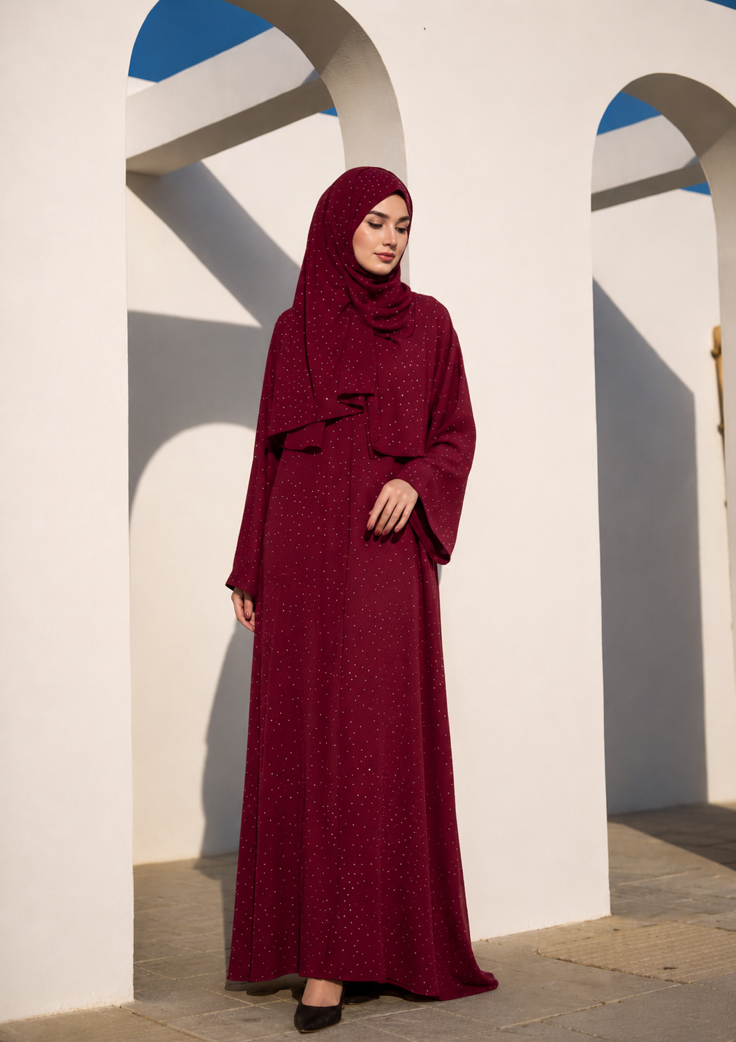 Taş İşlemeli Abaya - Kırmızı