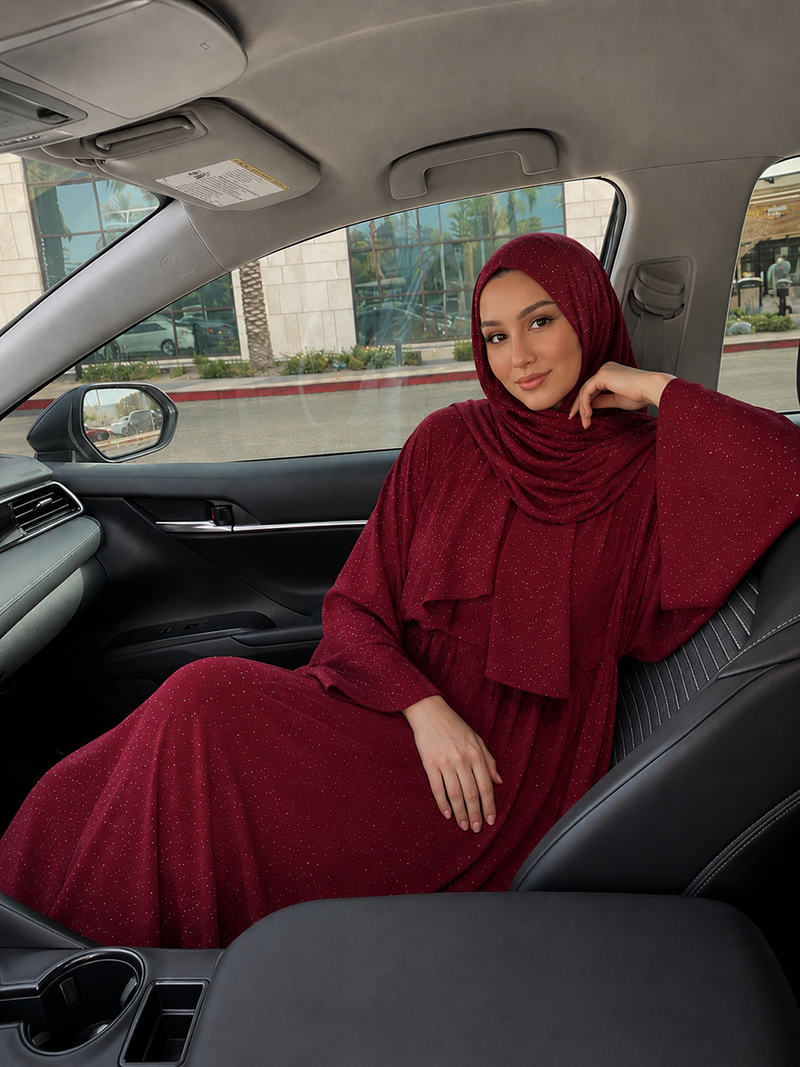 Taş İşlemeli Abaya - Kırmızı