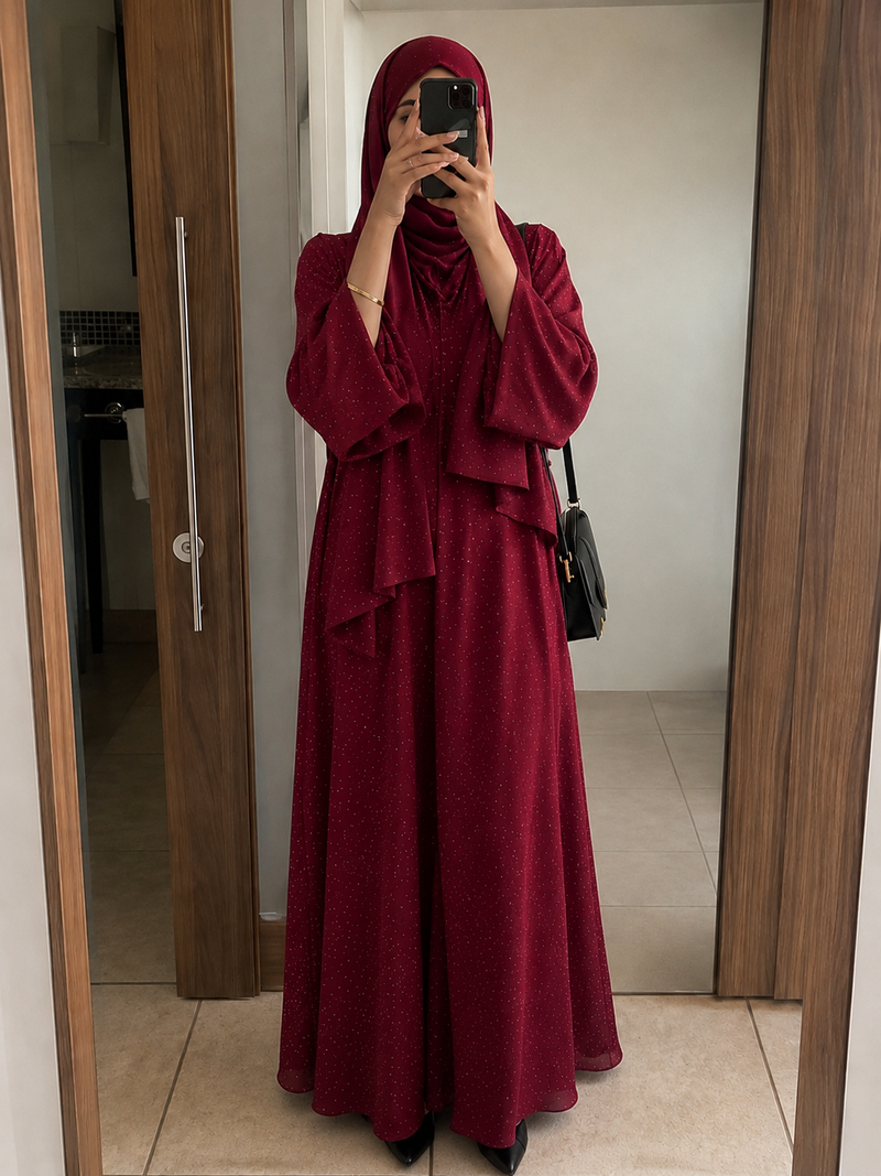 Taş İşlemeli Abaya - Kırmızı